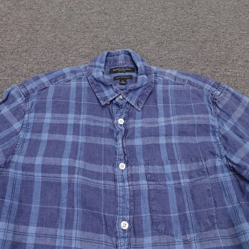 Banana Republic Shirt Mens Medium Blue Plaid Linen Short Sleeve Button Up Casual